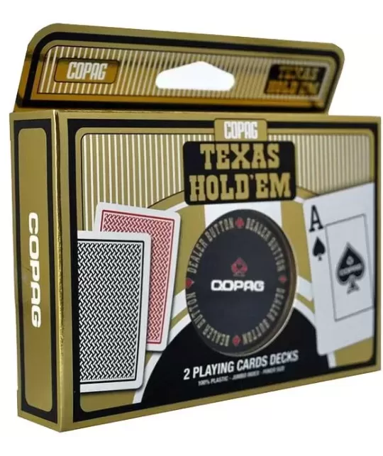 Set de poker Gold Copag Texas Hold Em Plastic cu Dealer Button – Cărți de joc premium | Emagie.ro