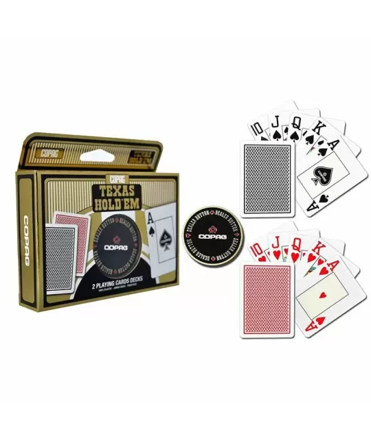 Set de poker Gold Copag Texas Hold Em Plastic cu Dealer Button – Cărți de joc premium | Emagie.ro